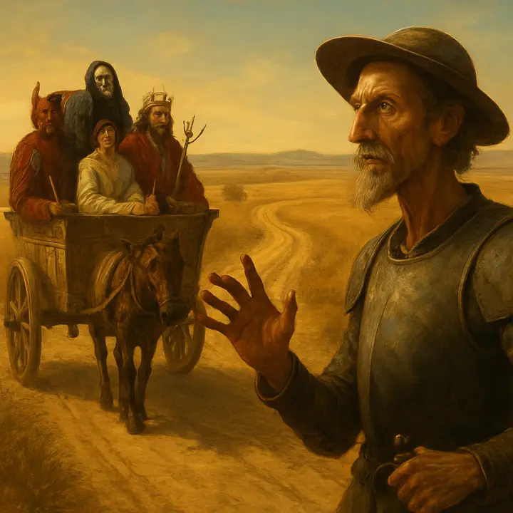 A bizarre open wagon barrels toward them, piled with costumed figures—Death with a human face, a painted angel, an emperor in a golden crown, a devilish carter—its macabre pageant startling against the quiet fields. Don Quixote, ablaze with the promise of adventure, strides to block the cart and demands its business while a pale, trembling Sancho watches from behind.