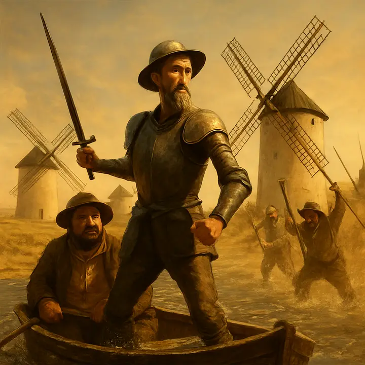 A dramatic confrontation as the skiff drifts toward a cluster of towering water-mills that loom like a besieged fortress; flour-streaked millers surge out onto the sluice with long poles, shouting and brandishing them. Don Quixote stands tall in the little boat, sword raised and chest thrust forward, proclaiming himself and demanding release of imagined prisoners as the mills’ wooden wheels roar and churn behind him.