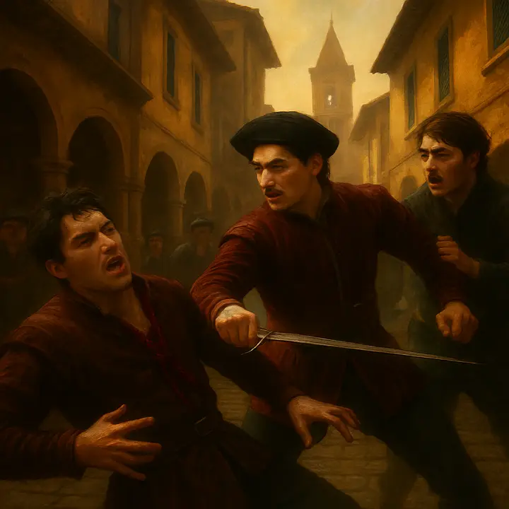 A sudden street duel turns savage: Mercutio falls, mortally wounded, cursing 'a plague a both your houses' as blood darkens his shirt, then Romeo, grief-struck, lunges and slays Tybalt in a quick, brutal revenge. The crowd recoils; Benvolio drags a stunned, bloodied Romeo away as siren-like alarm rises through the dawn.