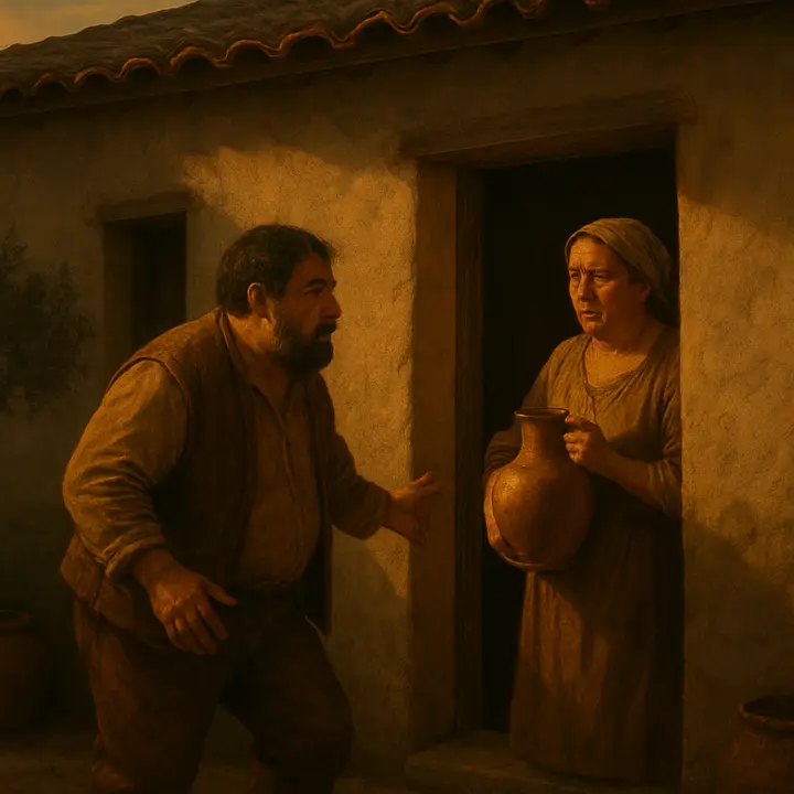 Sancho, suddenly queasy and craving a sup, hurries through twilight to his small cottage where Teresa Panza waits; she holds a simple flagon and chides him affectionately as he begs wine, promising to return after dinner. The humble domestic exchange grounds the lofty talk of fame in print with everyday worry and comic tenderness.