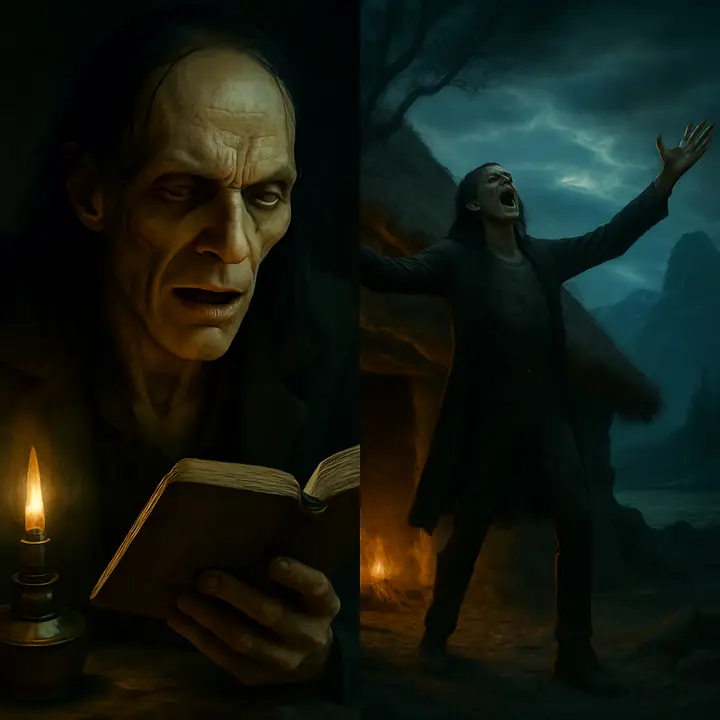 Huddled at the mouth of his cramped hovel, the Creature devours the three books; his face moves from rapture to dawning sorrow as Werter's despondency, Plutarch's heroism, and Paradise Lost's epic grief wash over him. He finds a folded journal in a dress pocket, reads Victor Frankenstein’s notes, then throws his head back in anguished accusation — 'Accursed creator!' — arms flung to the dark sky.