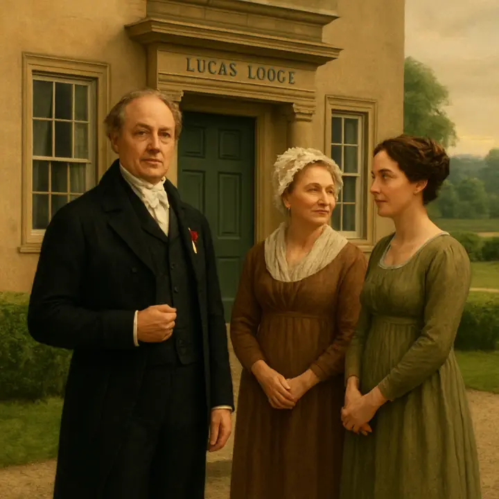 The proud exterior of Lucas Lodge at a short distance from Meryton: Sir William Lucas stands on the doorstep in a slightly pompous, courteous pose, chest forward, a small ribbon or symbol of his knighthood visible, while Lady Lucas and their sensible eldest daughter (Charlotte) exchange amused, intimate looks beside him. The house and garden are neat and slightly showy—a man newly elevated, enjoying his importance and civic polish as neighbors pass by and nod.