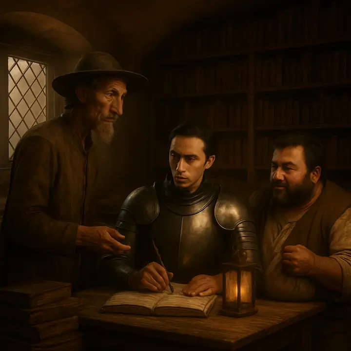 Don Quixote, grand and theatrical, petitions Samson Carrasco to compose an acrostic farewell to his lady, while Samson, quill poised, calculates how to fit the seventeen letters and Sancho busies himself preparing provisions and stipulating the humble terms of his service. The trio form a conspiratorial circle by the bookcases as they plan the imminent sally and swear secrecy.