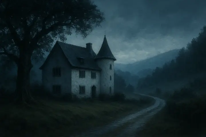 A solitary white house set in a fold of the Styrian hills: steep slate roofs, shuttered windows, and a broad oak whose roots thread the lawn toward the encroaching dark of the forest. A narrow lane winds away between hedgerows into misty mountain lanes; morning light pools weakly in the hollow. The composition emphasizes the house's isolation against an indifferent, tree‑lined horizon.