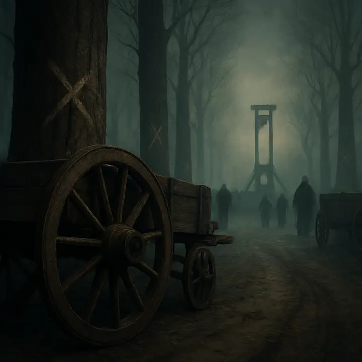 A dusky French country lane lined with trees whose trunks are freshly marked and notched, each bearing crude chalk or axe marks like death warrants; rustic tumbrils and wooden carts stand idle at the roadside, their wheels dusted with ash, as a single muffled cart creaks forward toward a distant, silhouette of a scaffold. Low, winter light and a thin mist make the figures of a few silent peasants and a hooded executioner mere shadows, the landscape arranged like a funeral procession awaiting its grim work.