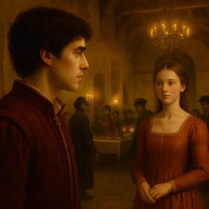 The Capulet Great Hall shimmers with torchlight and masked revelers; Romeo, swept into the gaiety, freezes when he sees Juliet—she is a luminous figure, a dove among crows, and the world narrows to her single face. In the shadow Tybalt hears a stranger's voice and his hand tightens on his rapier, fury and recognition flaring.