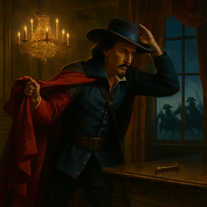 Inside his study, Cardinal Mazarin sheds his ceremonial robes and, with a theatrical, decisive motion, pulls on a musketeer’s coat and felt hat; his expression hardens as the sounds of massing troops and distant cannon seep through the walls. A silver whistle lies on the table; through the window the silhouettes of horses and musketeers can be glimpsed, hinting at the bold, risky sortie he plans. The transformation from courtier to man of action is dramatic and almost defiant.