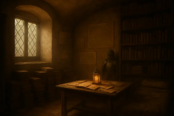 A dim, book-cluttered chamber: leaning stacks of leather-bound volumes and loose folios crowd a narrow room, a small oak desk buried under manuscripts, and maps and faded engravings are pinned to the plastered walls. A narrow bed and a battered suit of armor lean in the gloom; dust motes hang in a single cold shaft of light from a high window, turning the space into a sanctified, slightly disordered shrine to old books and grand ideas.