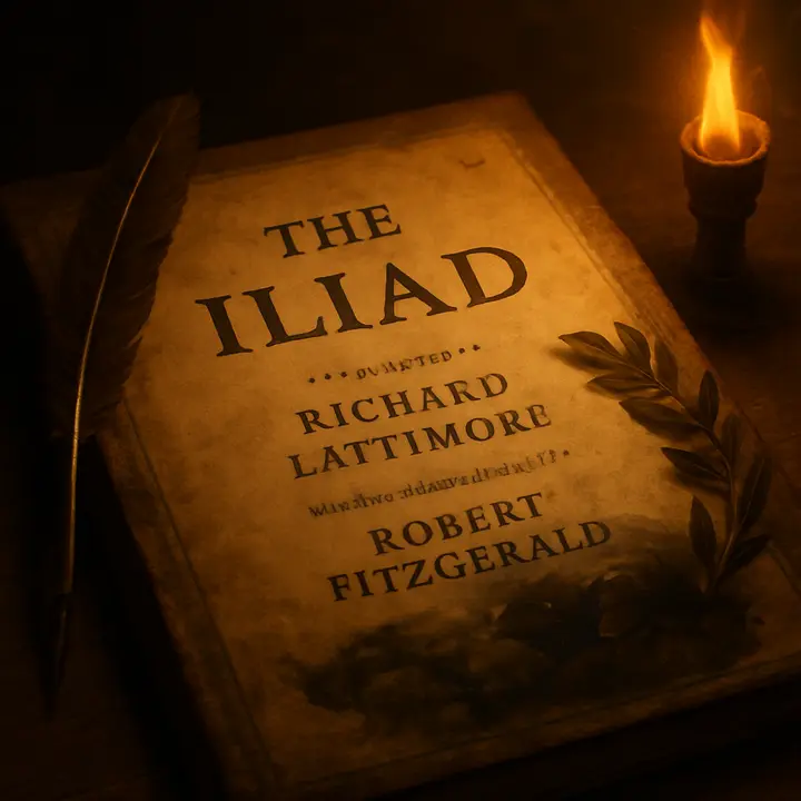 A weathered parchment or folio lies on a wooden table under a single sputtering torch: the title THE ILIAD appears in bold classical lettering, with translator and contributor names beneath. A quill, a laurel wreath, and smudged ink surround the page; in the ink's glossy surface faint, ghostlike reflections of helmets and shields ripple, suggesting the warfare about to be told.