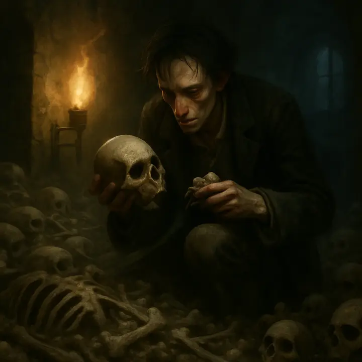 In a fetid charnel-house Victor stoops among piles of bones and dripping stone, torchlight revealing skulls and ribcages as he gathers the fragments for his project; his movements are clinical yet driven by an almost feverish fascination. Mould and the damp air cling to the scene, underscoring the grotesque intimacy of his work with death.