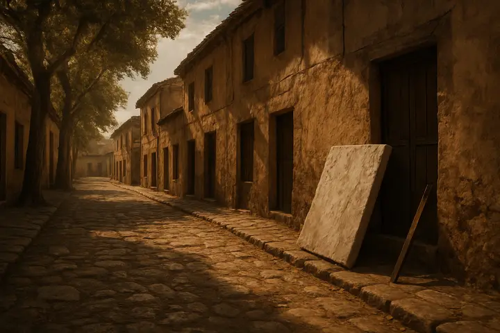 A broader Cordova thoroughfare edged with low stone houses and shuttered windows beneath plane trees, the flagstones pitted and uneven. A heavy marble slab leans against a wall, its weight suggesting recent use; a measuring yard lies propped at a lopsided angle nearby, casting a stark shadow across the stones. The scene feels residual and slightly ominous, as if something violent has just passed through and left its implements behind.