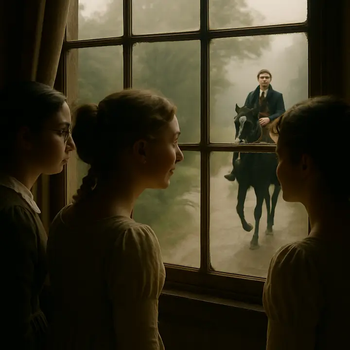 From an upstairs window the Bennet girls peer down to see a handsome young man in a blue coat on a black horse—Mr. Bingley—returning their father's call, the figure seasonally heroic against the country lane. The sisters' faces press to the glass, eyes bright with speculation and the soft hopefulness of newcomers arriving in a small neighbourhood.