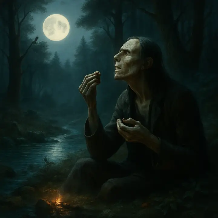 The Creature lies exhausted beside a clear mountain brook, plucking and devouring wild berries with awkward, hungry hands; moonrise bathes the trees and his gaunt profile in silver, and he raises his face to the gentle light. Small animal life and rippling water frame his fragile solitude.