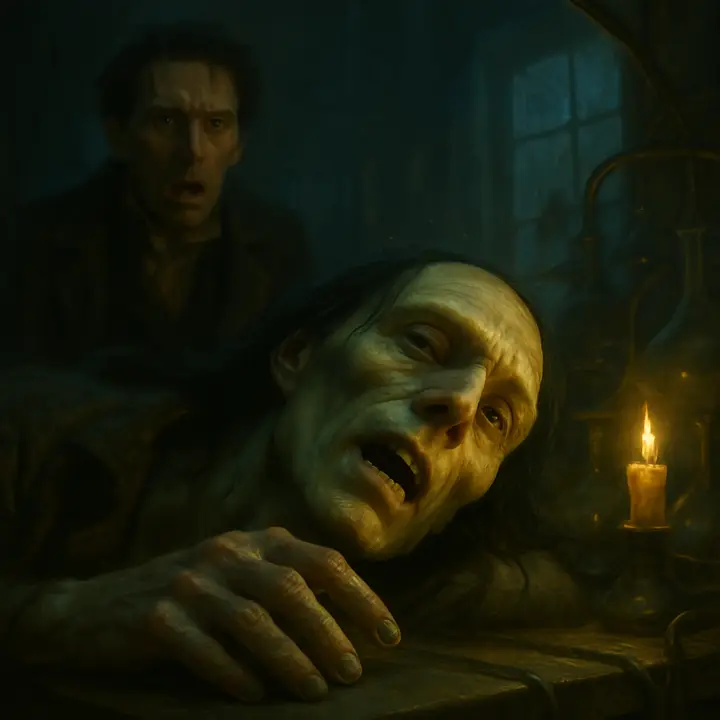 In a half‑extinguished laboratory, rain spatters against the paned window and a guttering candle casts sickly shadows as a hulking figure convulses on the table; the creature's dull yellow eye opens, wet lips parting to breathe. Victor stands frozen in the doorway, face contorted with instant, physical revulsion as the beautiful ideal he imagined is revealed as yellowed skin stretched over muscles and black hair framing pearly, ghastly teeth.