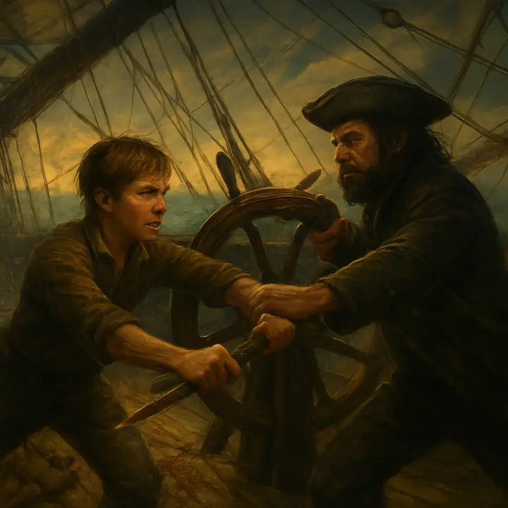On the heaving deck of the Hispaniola at dusk, Jim Hawkins and Israel Hands are locked in a brutal, knife‑and‑pistol struggle by the ship’s wheel, spray flying and rigging whipping above them. Blood stains the planks, a fallen sailor lies half‑hidden by coils of rope, and the dark sea looms at the rail as both men strain with desperate ferocity. The ship pitches, ropes creak, and the scene crackles with impending catastrophe and raw survival.