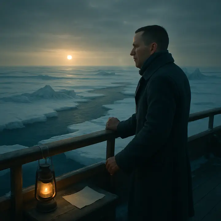 Alone on deck beneath a bruised polar sky, Robert Walton gazes out over an endless field of drifting ice and distant bergs — the 'land of mist and snow' he both covets and fears. He stands small against the immense, white horizon, hand on the rail, letter open at his feet, eyes shining with a trembling blend of exhilaration and dread at the unexplored wilderness ahead.
