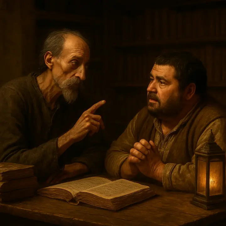 Don Quixote and Sancho Panza sit close inside the dim, book-lined study: Don Quixote corrects Sancho’s words with gentle authority while Sancho pleads about wages, hands clasped, alternately stubborn and beseeching. The warm lamplight throws long shadows across piles of volumes — a private, earnest exchange between master and squire.
