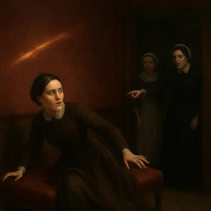 A sudden streak of moving light crosses the wall and quivers on the ceiling; Jane cries out that she has seen a ghost. Mrs. Reed storms down the corridor—cap flying, gown rustling—comes in with Bessie, pronounces judgement in a hard, formal voice and, with a gesture of finality, locks the door, leaving Jane alone and hysterical until she collapses into unconsciousness.