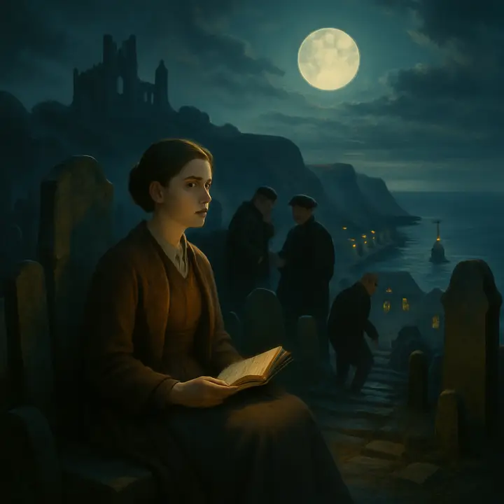 Mina sits with her book in the cliff‑top parish churchyard, the eroded banks and toppled tombs looming; below, the harbour breathes with the moaning buoy bell and a narrow mouth of water between the piers. Three ancient men keep company nearby; one gnarled figure hurries away down the winding steps, talking of whale‑fishing while the sea air whistles around the stones.