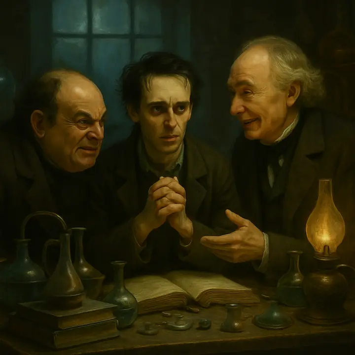 A young Victor bent forward in a crowded lecture room, eyes bright with ardour as two professors confront him: the blunt, repulsive M. Krempe with a sly smile, and the kindly, encouraging M. Waldman radiating calm. Piled books and chemical instruments litter a desk between them, hinting at Victor's obsessive studies.